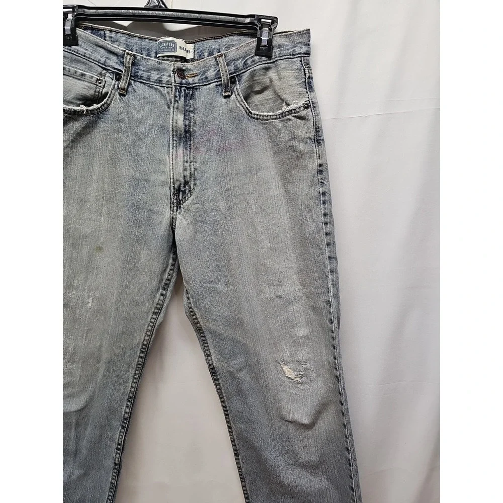 Levi Strauss Signature Men Blue Relaxed Fit Distressed Classic Denim Jeans 36x30